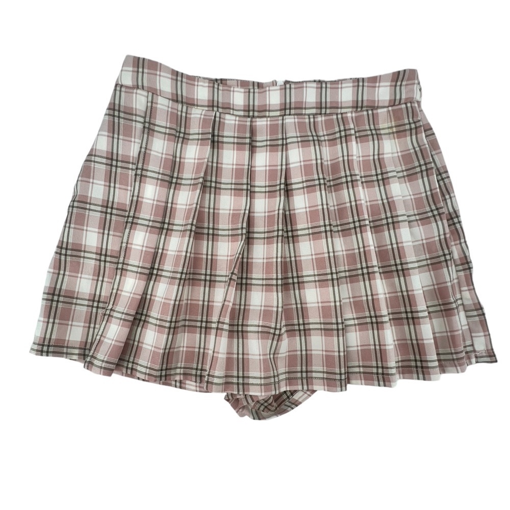 Lovely Day Pink Green Plaid Pleated Mini Skort Skirt Size Medium Women’s